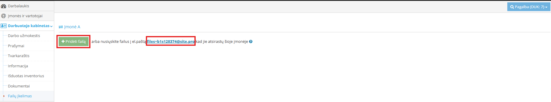 Window for uploading files to the Site.pro system